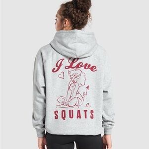 Gymshark Light Gray Hoodie with Red Graphic - "I Love Squats"